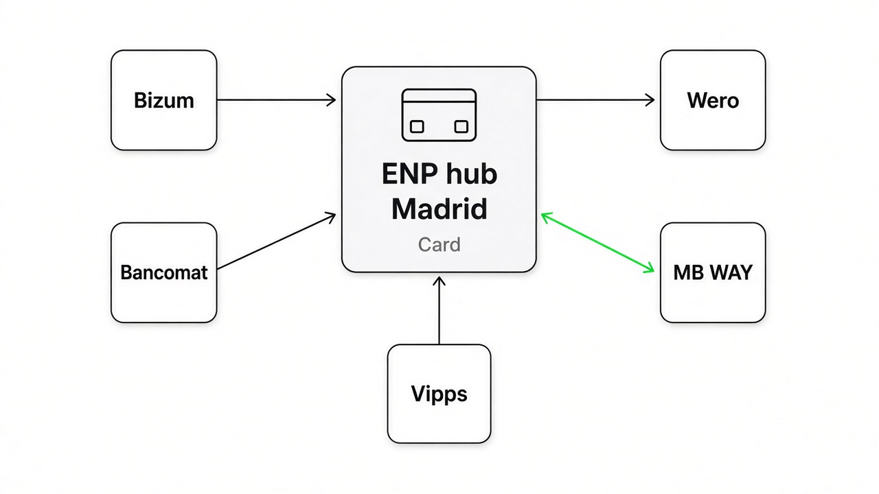 European Network for Payments diagram showing national schemes connected through ENP hub